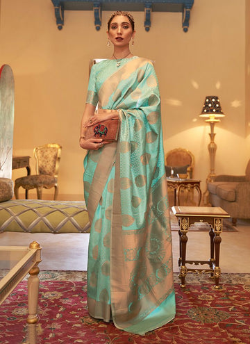 Ceremonial Copper Zari Handloom Weaving Silk Sky Blue Saree